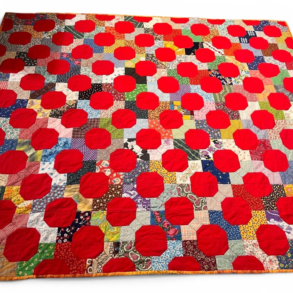 VTG Handmade Appliqué Quilt Full Queen 83x95 Red Circle Patchwork Scrap Quilt